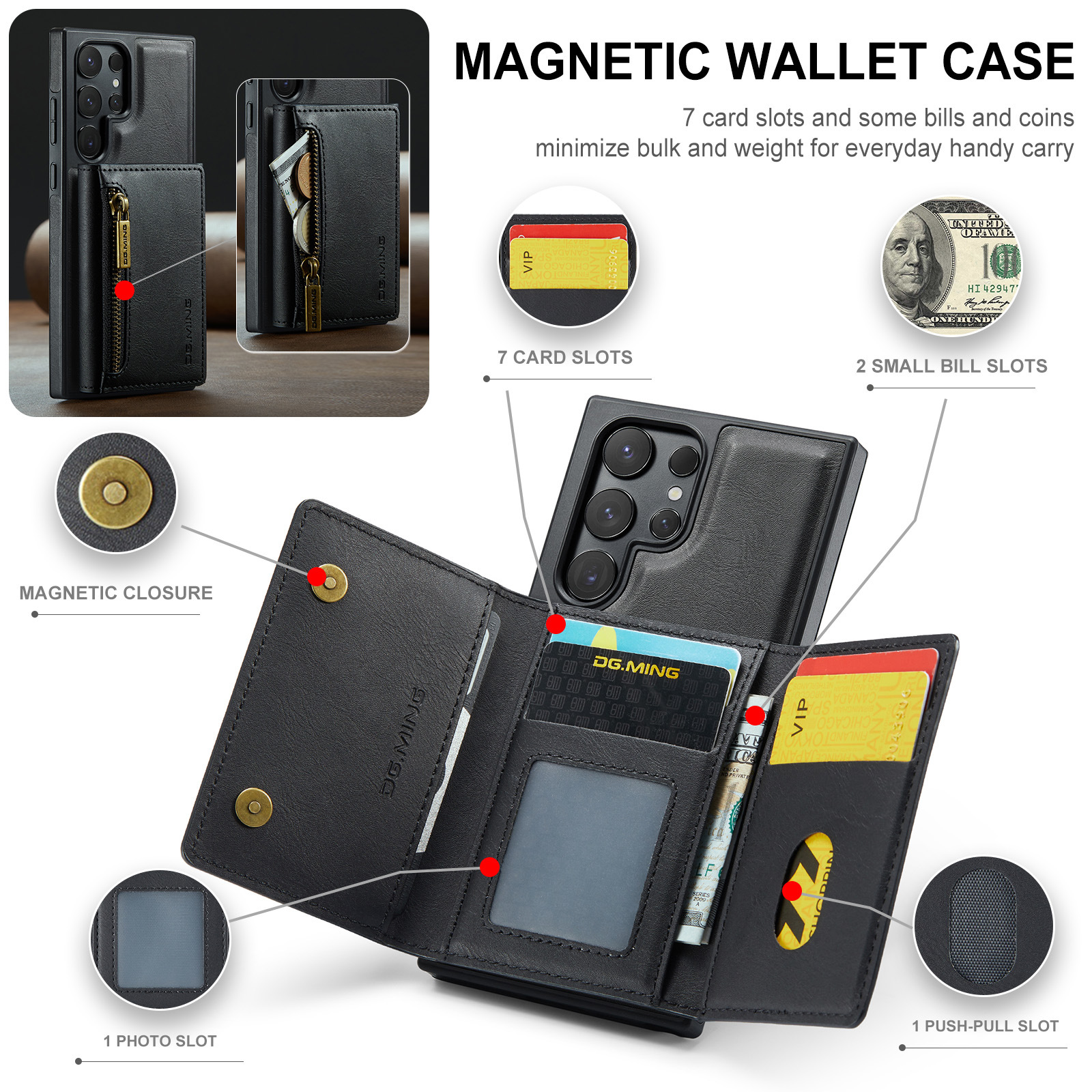Custodia a portafoglio nera con slot per carte, foto e banconote.