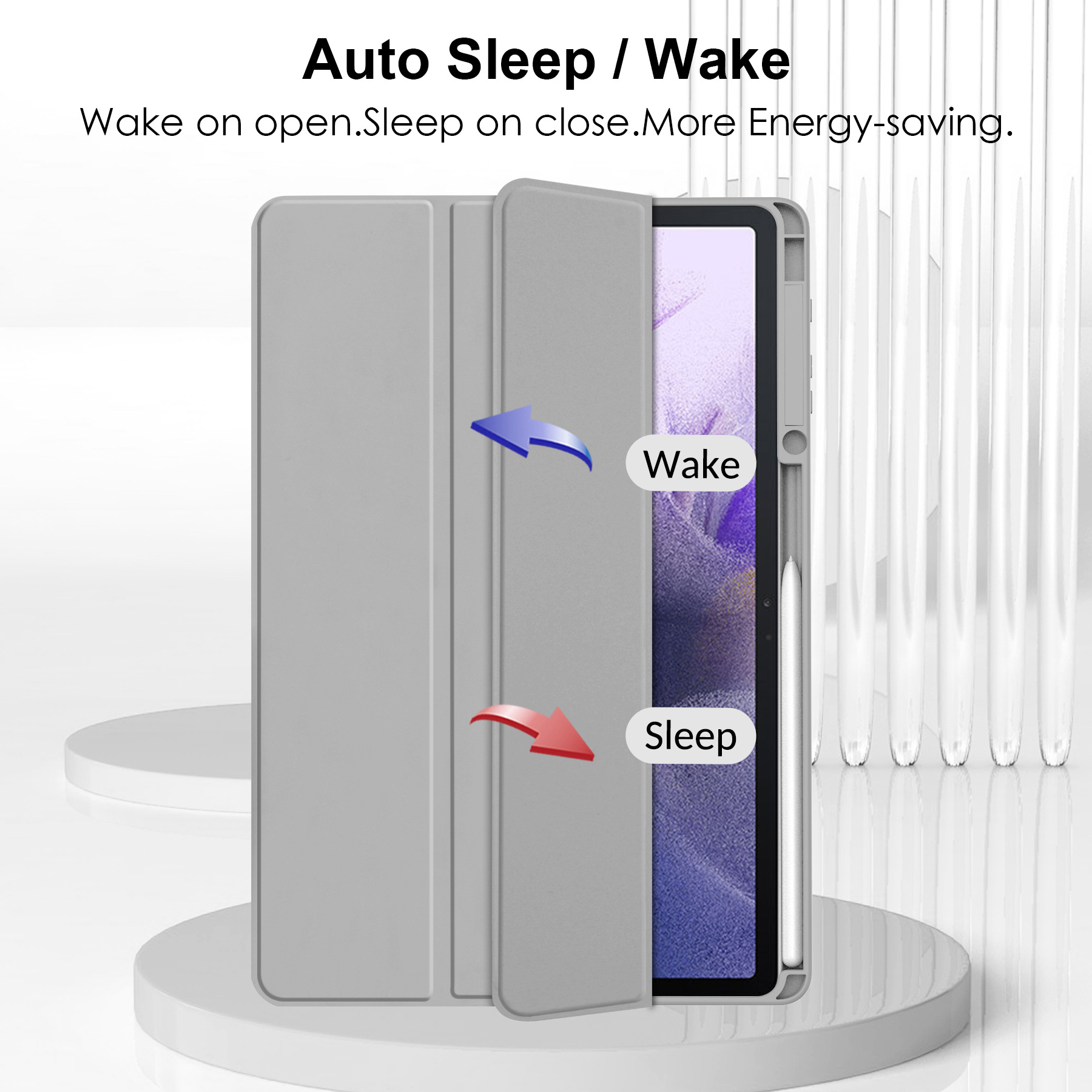 Ein Tablet in einem hellgrauen Gehäuse, geöffnet, um den Bildschirm zu zeigen. Auf dem Gehäuse steht 'Auto Sleep / Wake'.