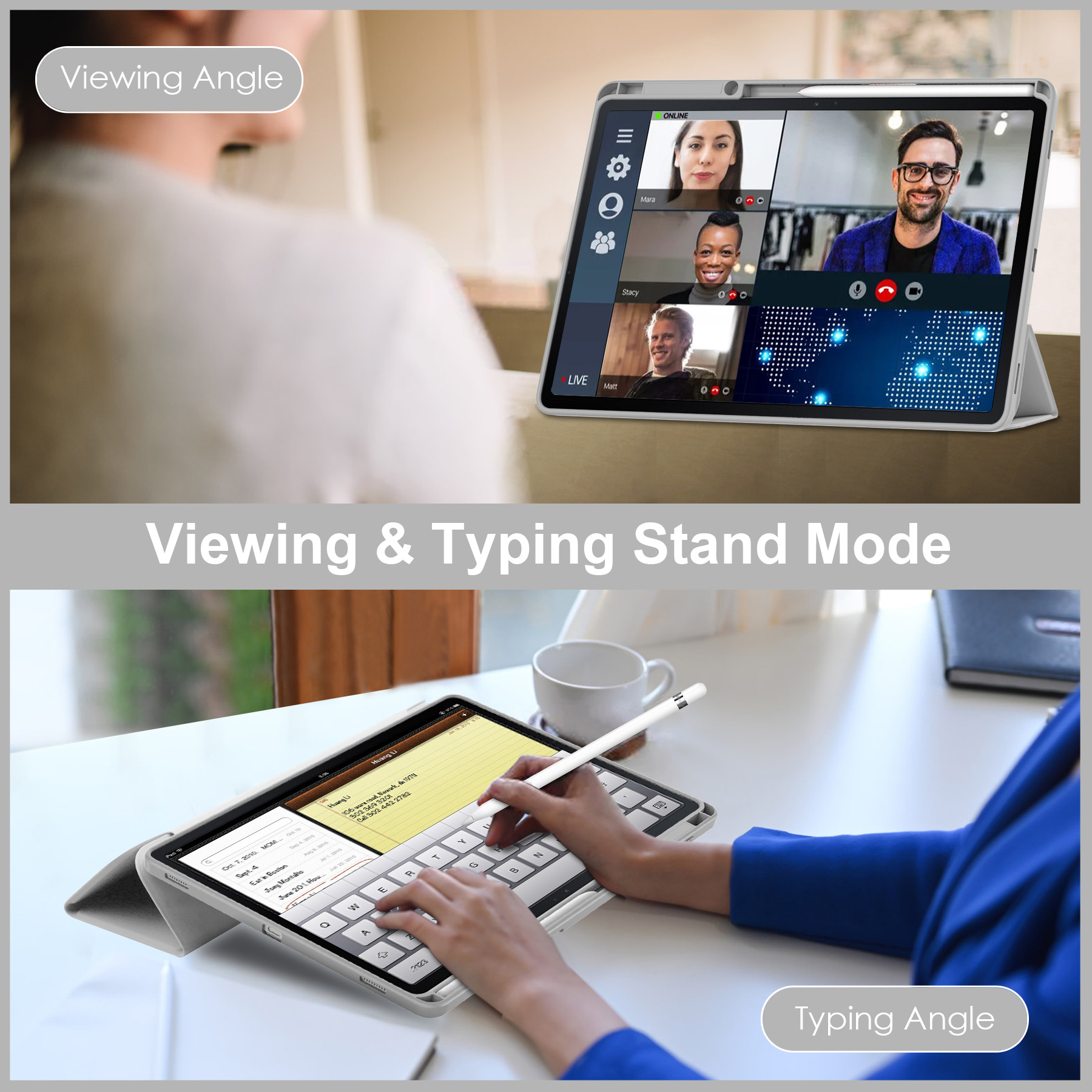Tablet in einer Hülle, die für Videokonferenzen und Tippen verwendet wird. Oben wird ein Videoanruf angezeigt, unten das Tippen.