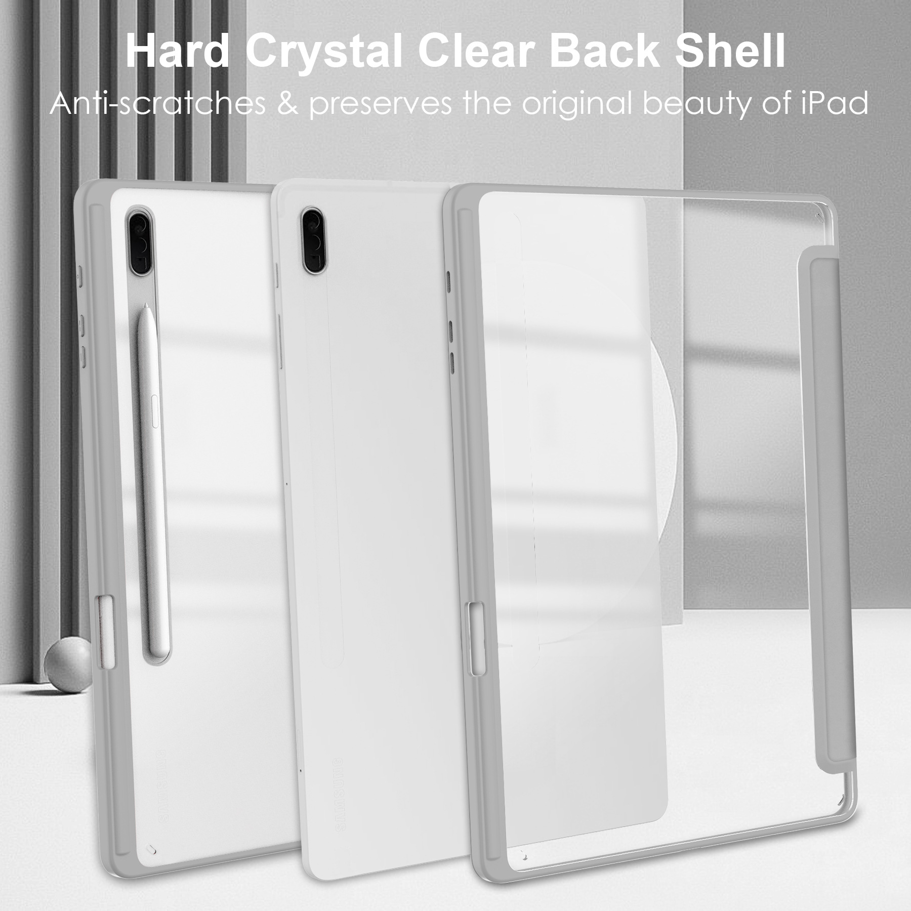 Transparente iPad-Hülle. Zwei iPads in der Hülle, eins mit Stift, und Hülle rechts.