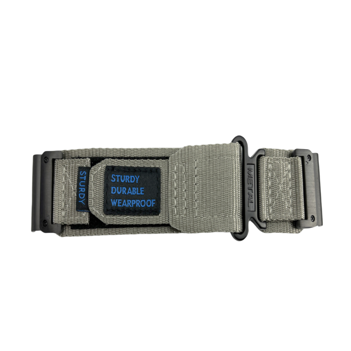 Graues Uhrenarmband mit schwarzen Metallverschlüssen und schwarzem Label mit weißem Text.