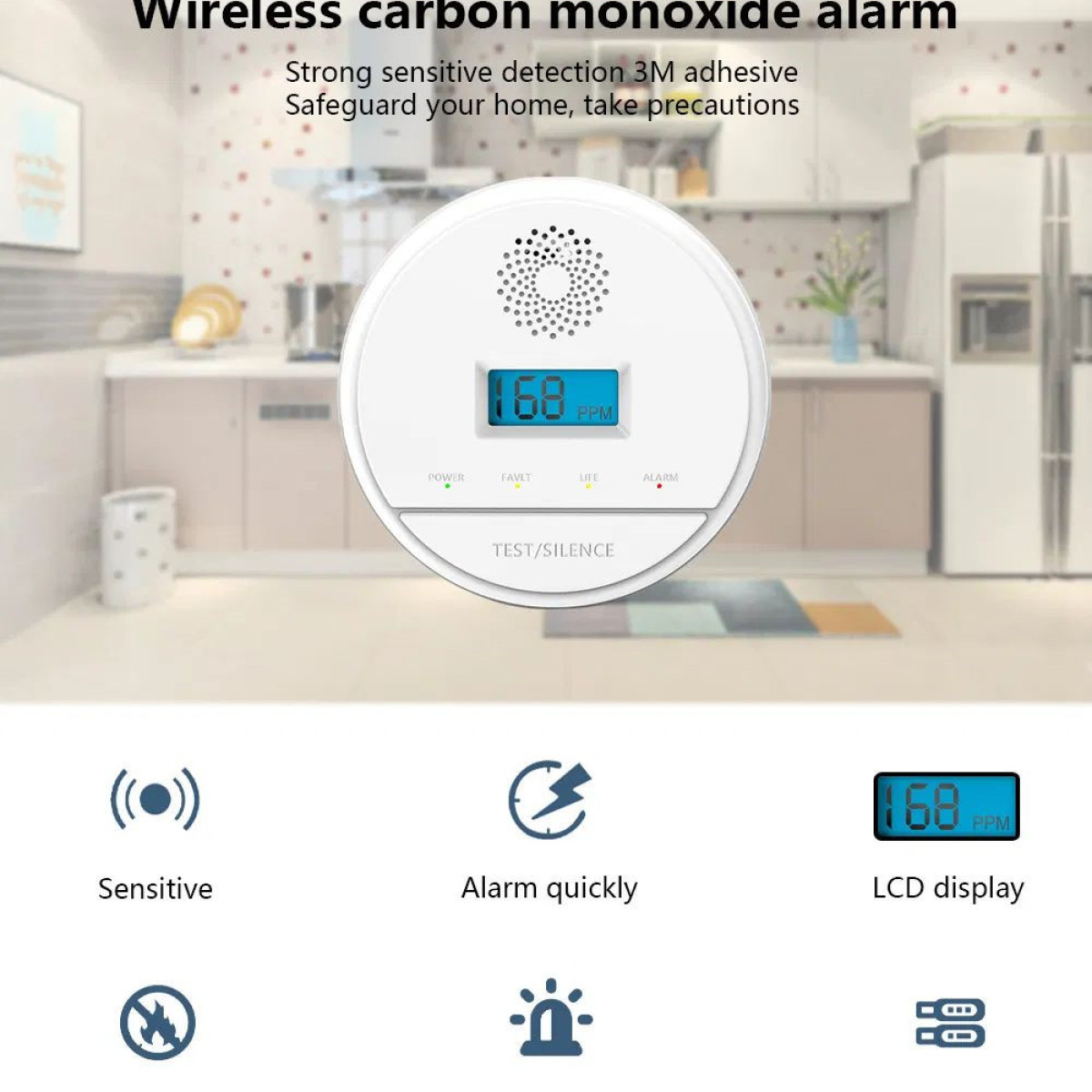 Biały czujnik tlenku węgla w kuchni, z ikonami i tekstem o funkcjach i zaletach.