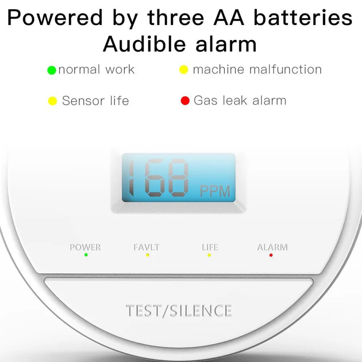 Zbliżenie czujnika tlenku węgla z tekstem o działaniu baterii i wskazaniach alarmowych.