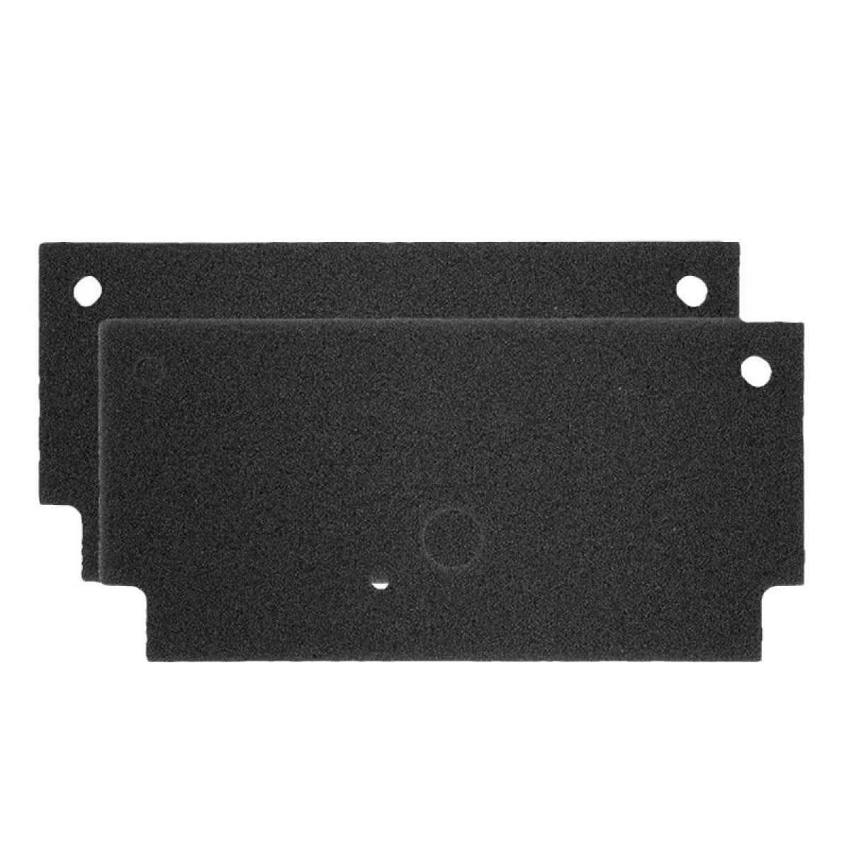 Deux filtres en mousse noirs avec des trous. Forme rectangulaire.