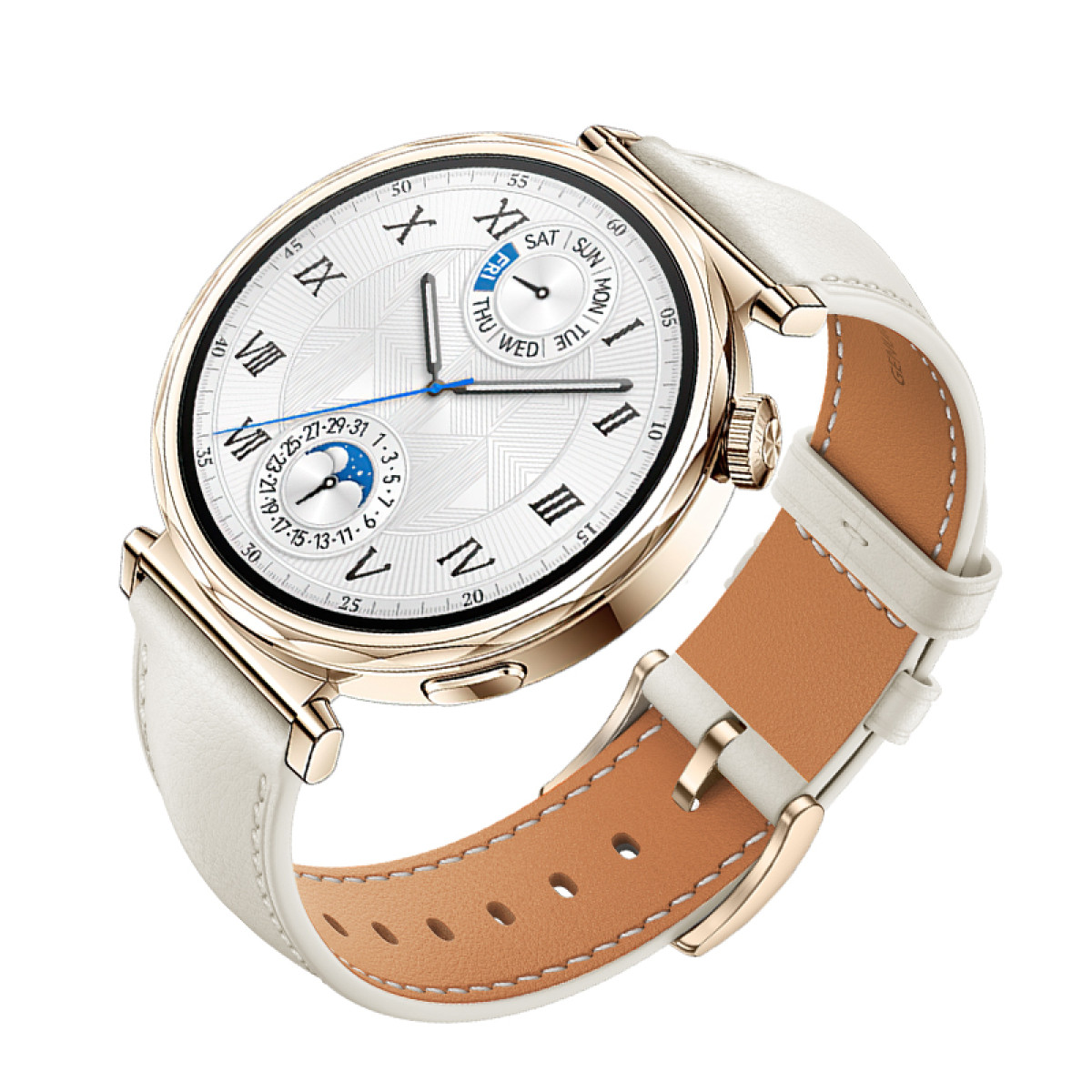 Złoty i biały zegarek na rękę z białą tarczą i skórzanym paskiem.