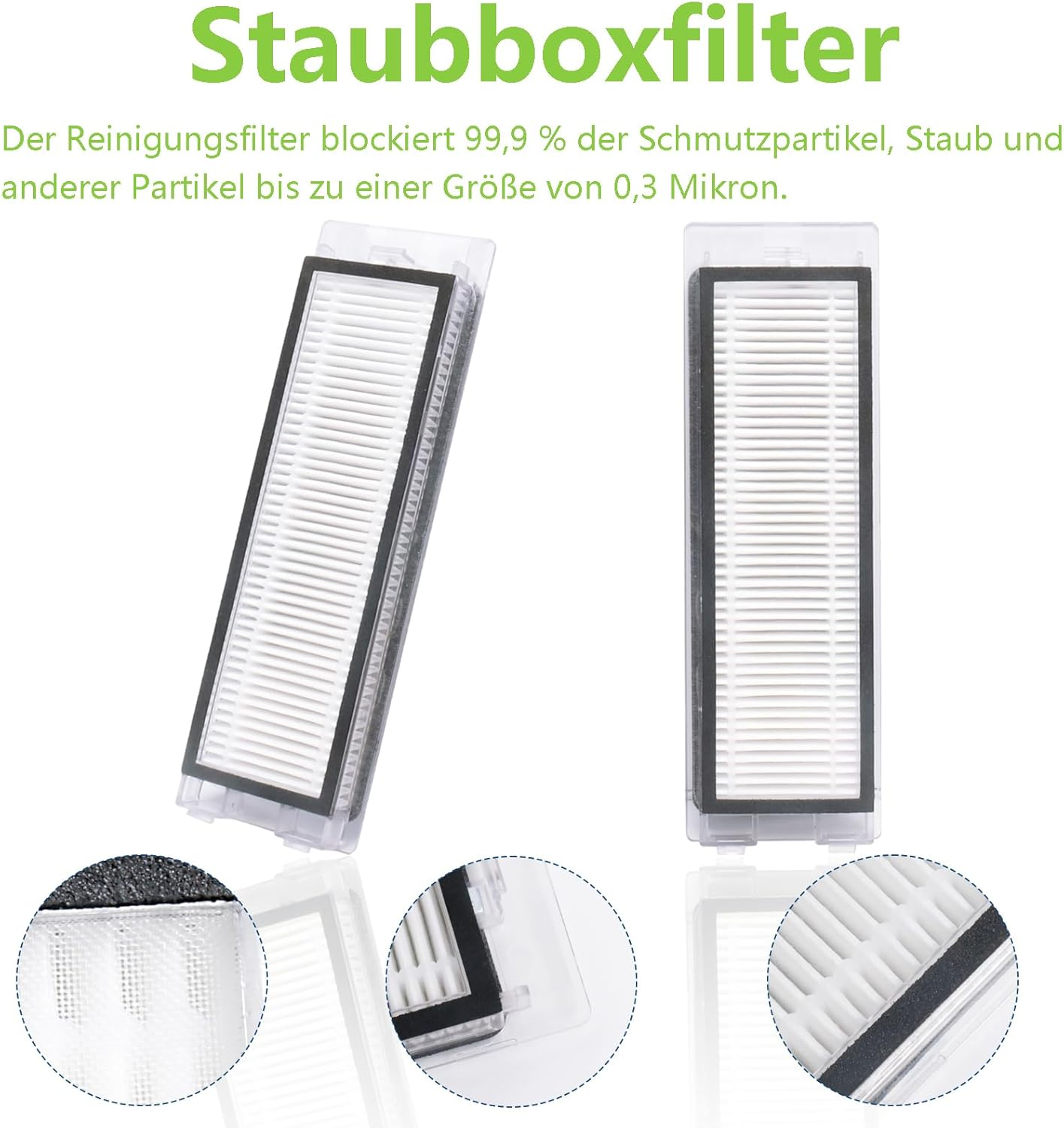 Dwa zamienniki filtra powietrza z tekstem w języku niemieckim opisującym ich funkcję blokowania cząsteczek kurzu.