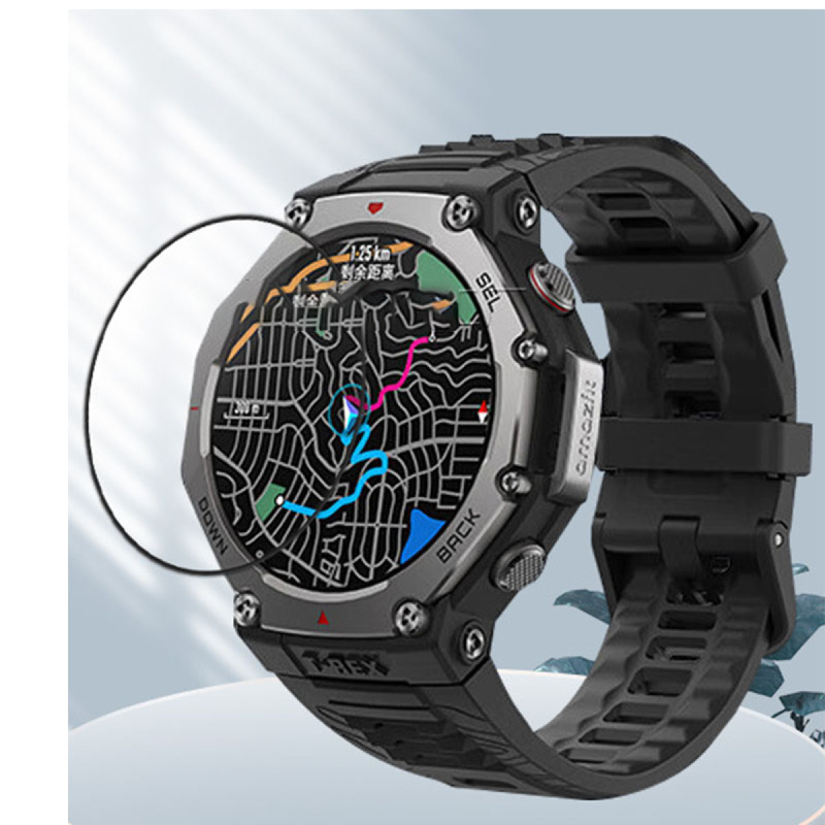 Smartwatch con display mappa. Cinturino e cassa neri. Lunetta grigia. Sfondo bianco.
