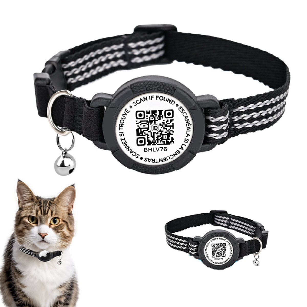 Kot w czarno-białej obroży z kodem QR i dzwonkiem. Kolejna obroża i kod QR widoczne.