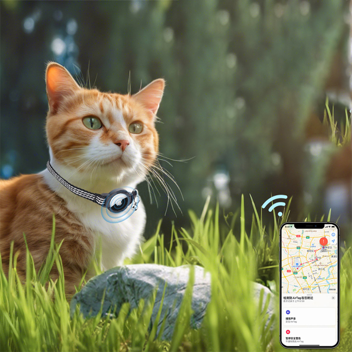 Kot z obrożą śledzącą, telefon z mapą i informacjami śledzenia.