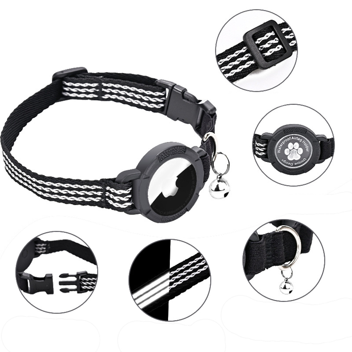 Obroża dla kota z lokalizatorem i dzwoneczkiem. Czarna z białymi paskami. Zawiera klamrę i uchwyt.