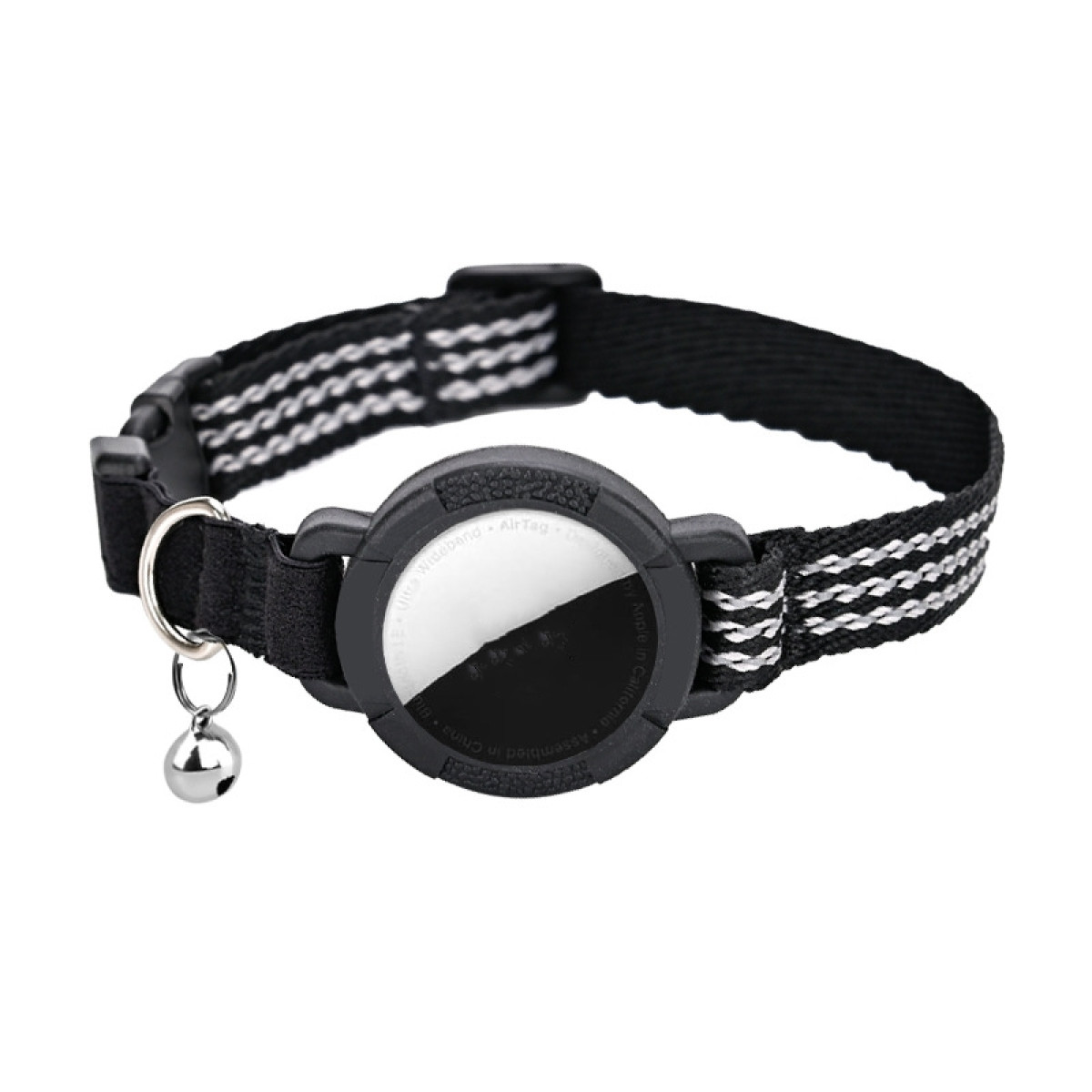 Czarno-biała obroża dla kota ze srebrnym dzwonkiem i czarno-białym mocowaniem trackera.