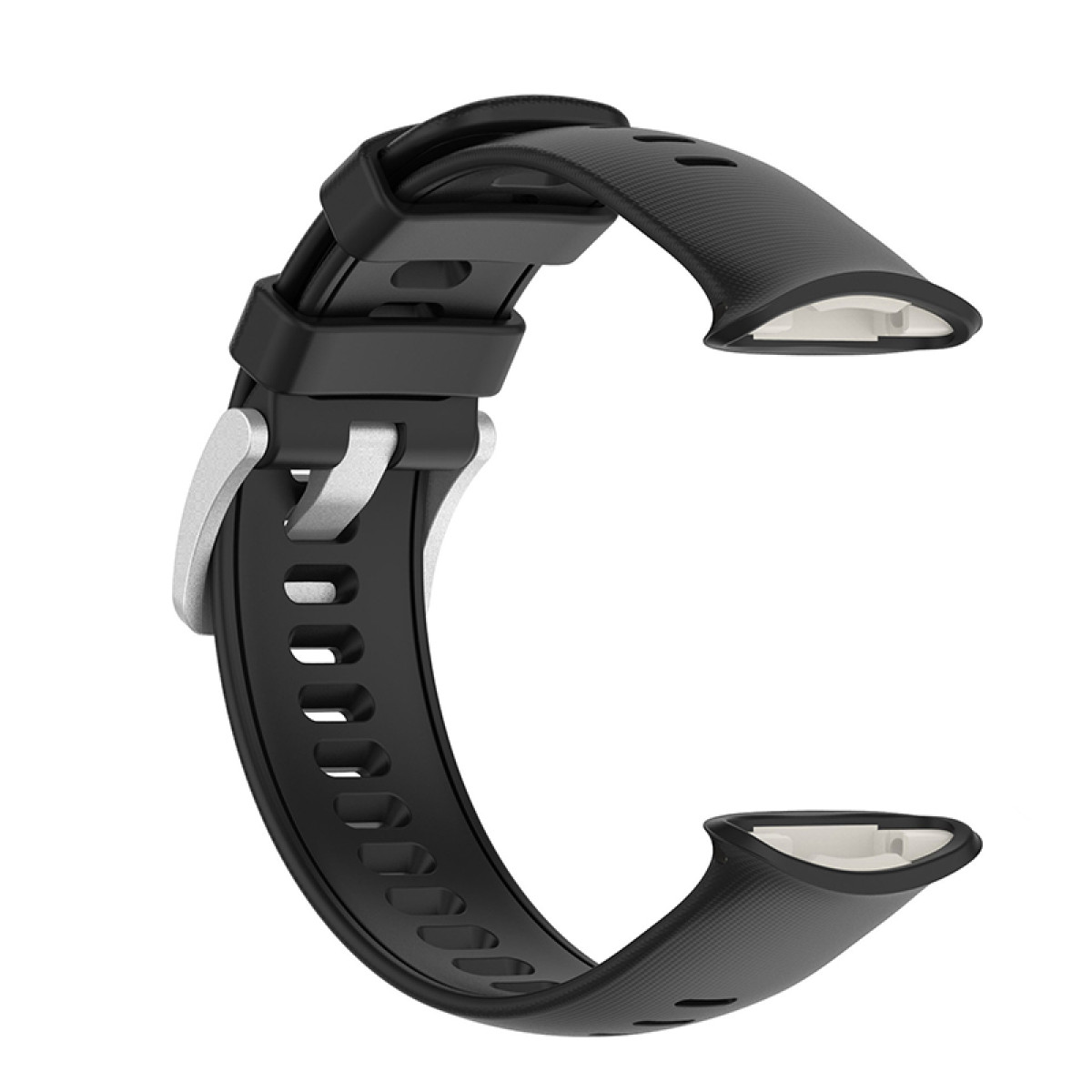 Czarny pasek do zegarka ze srebrną sprzączką. Pasek ma zakrzywiony kształt na końcach.