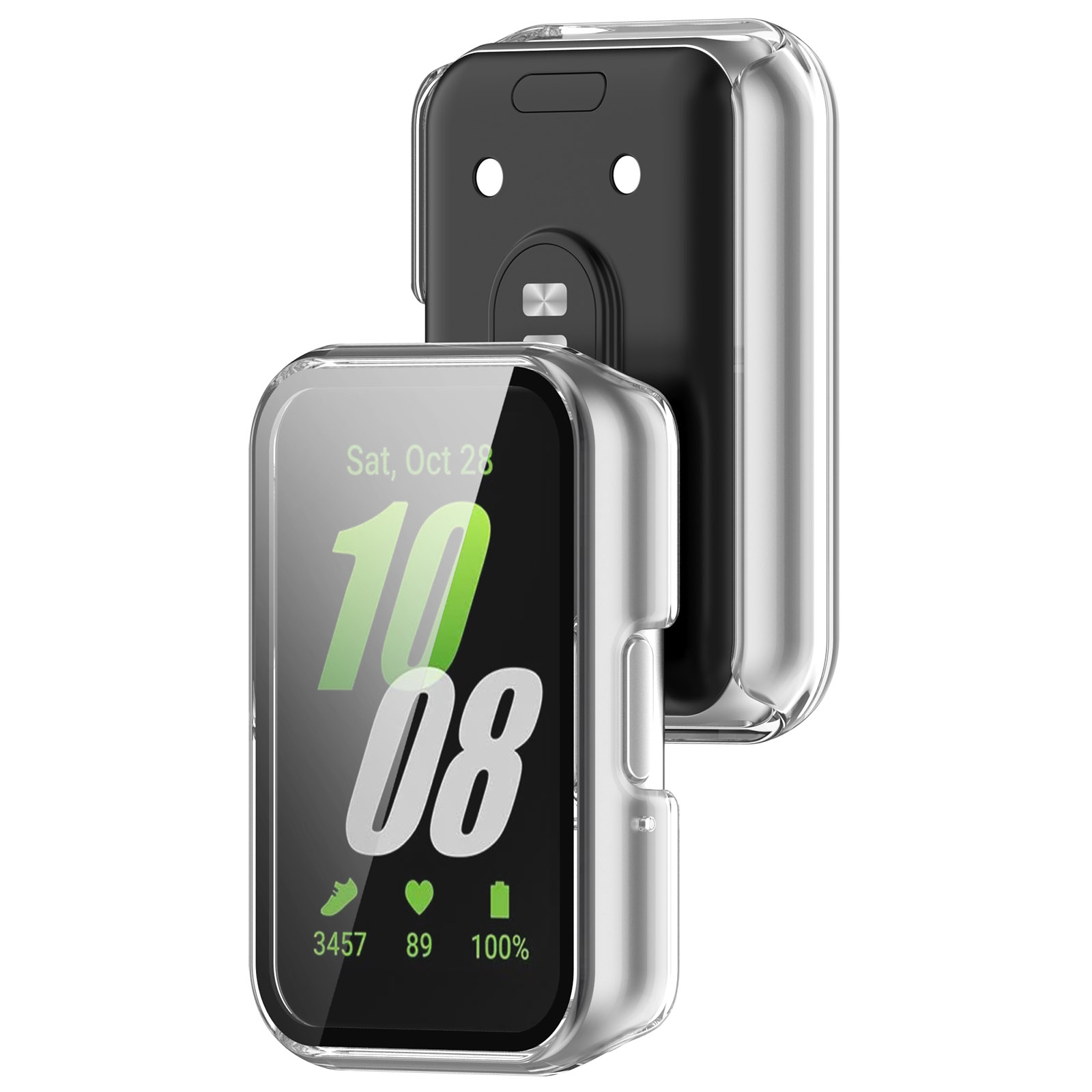 Transparante telefoonhoes met smartwatch. De hoes toont het horlogescherm. Het horloge zit achter.
