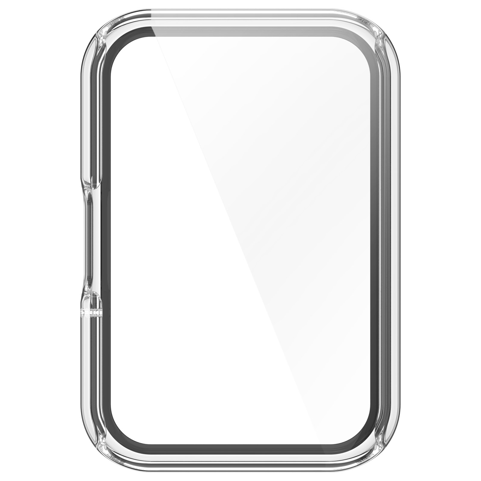 Transparante, rechthoekige schermbeschermer met zwarte rand, toont telefoonscherm.