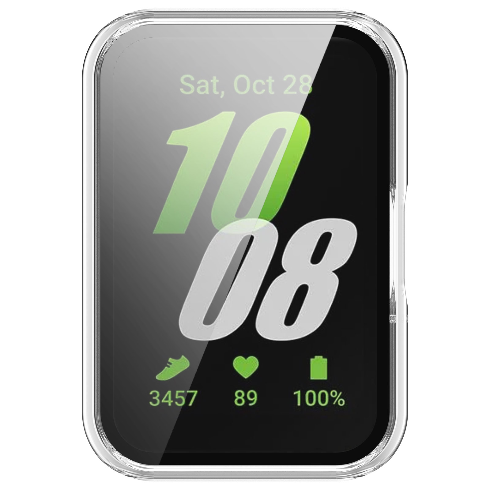 Een smartwatchscherm toont datum en activiteitsgegevens: stappen, hartslag en batterijniveau.