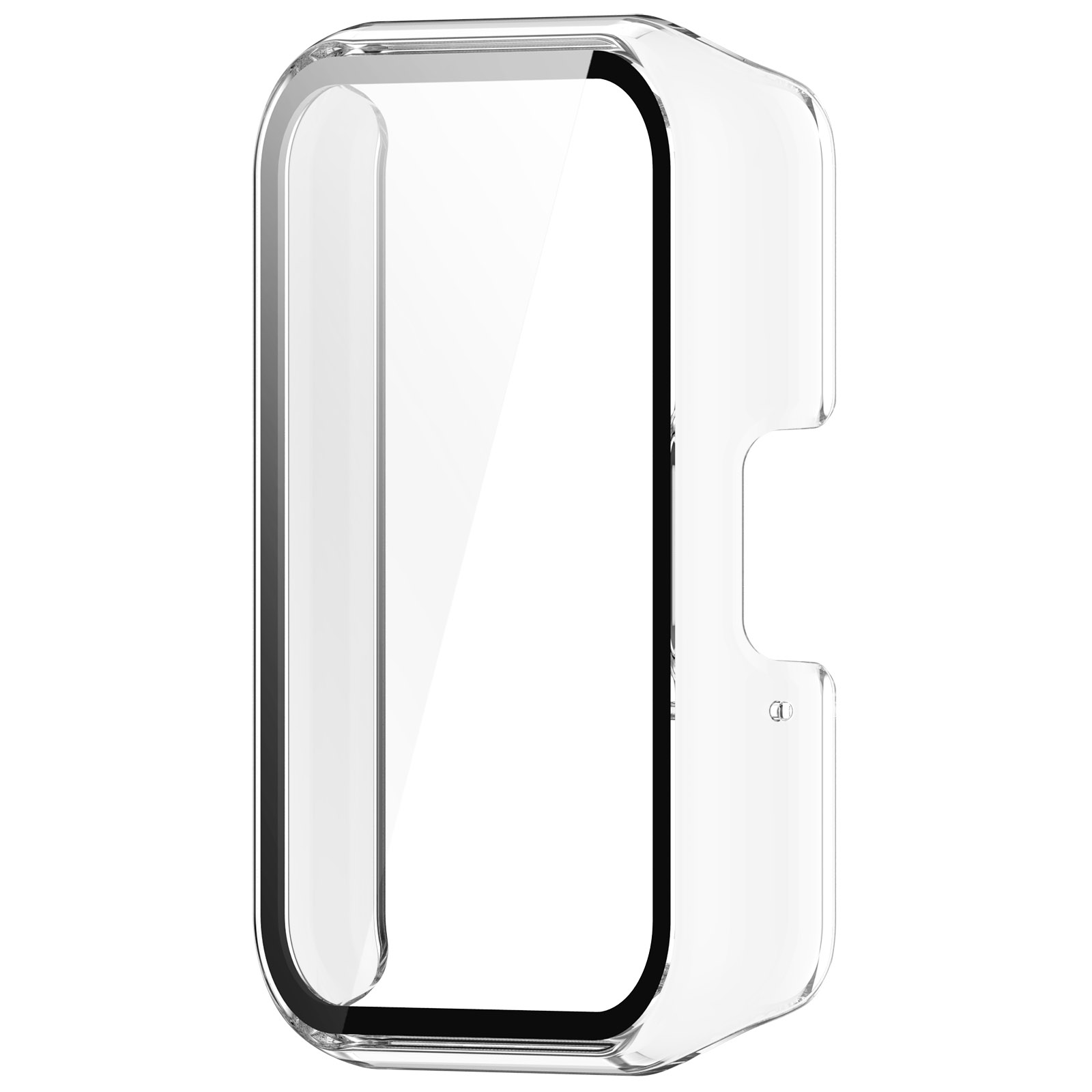 Transparante telefoonhoes met zwarte rand. Rechthoekige vorm. Transparante voorkant.