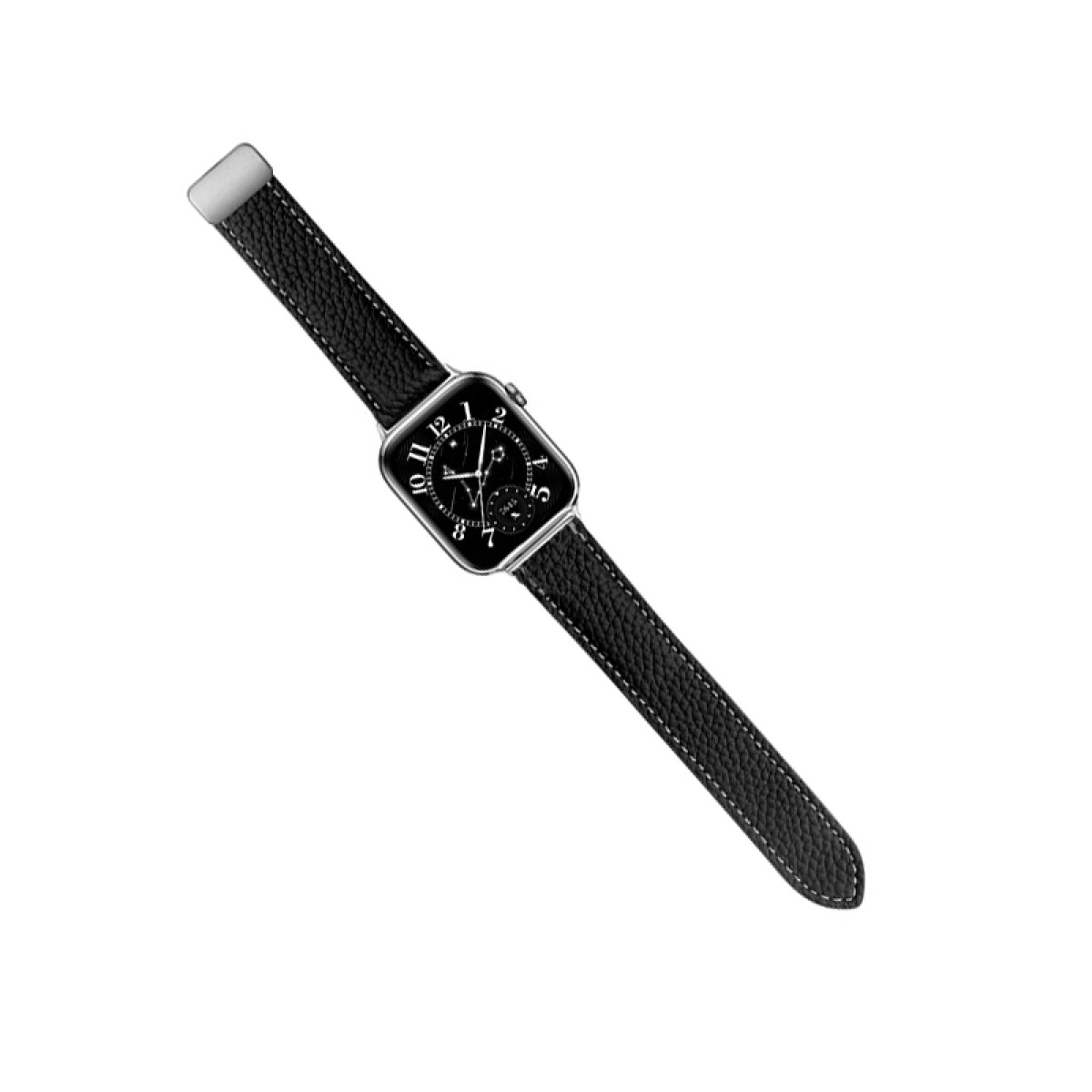 Schwarze Lederuhr mit silbernem Gehäuse auf weißem Hintergrund.