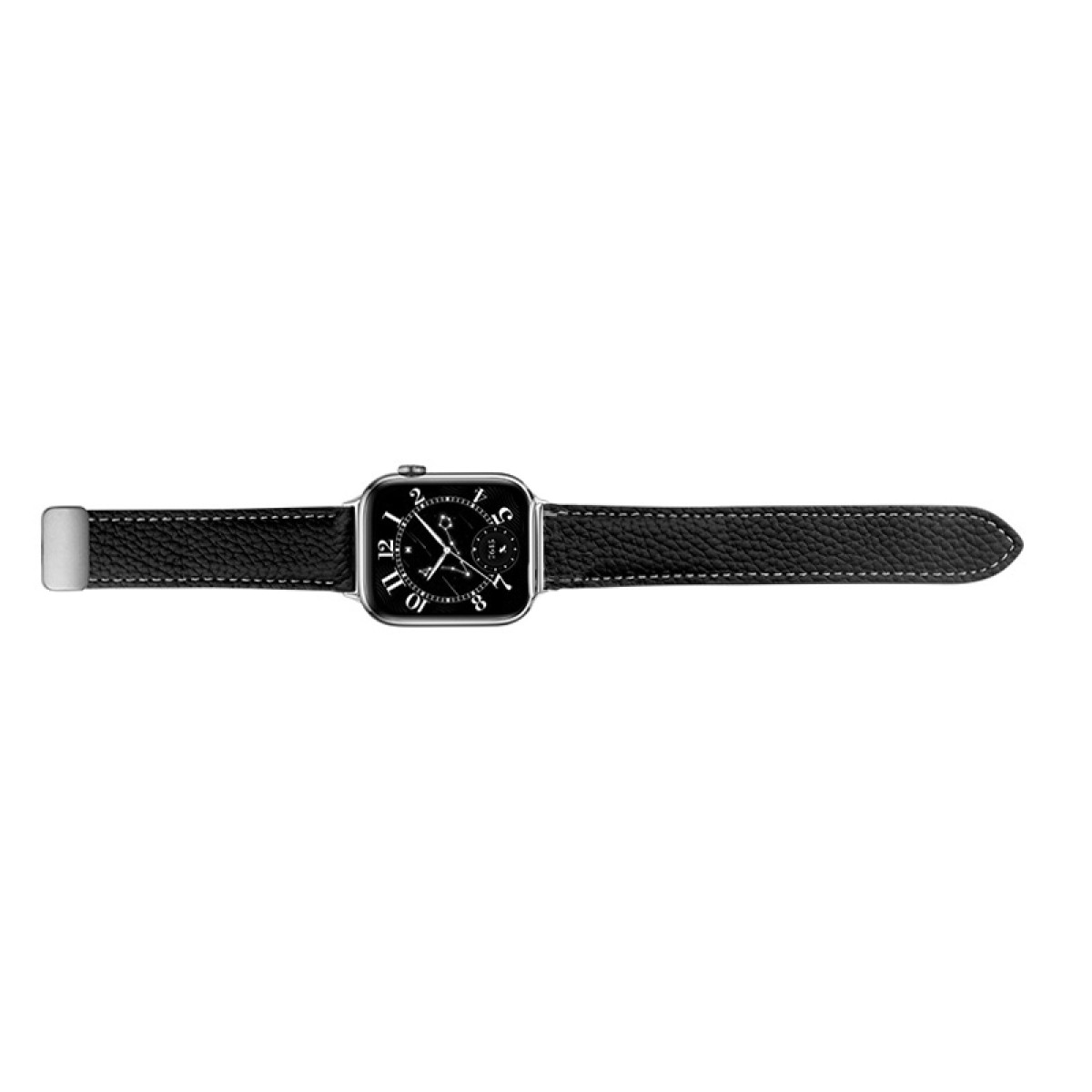 Ein schwarzes Lederuhrenarmband mit silbernem Zifferblatt, das die Uhrzeit anzeigt.