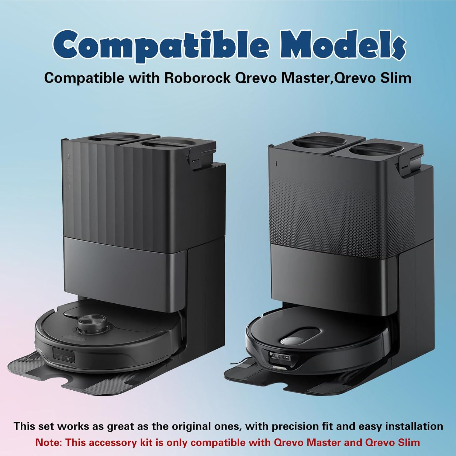 Dwa czarne roboty odkurzające. Tekst: Kompatybilny z Roborock Qrevo Master, Qrevo Slim.