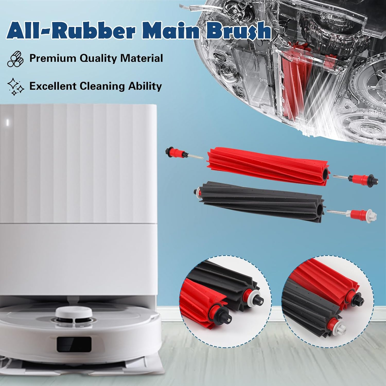 Białe i czerwone części odkurzacza: głowica szczotki, dwie szczotki i podstawa odkurzacza.