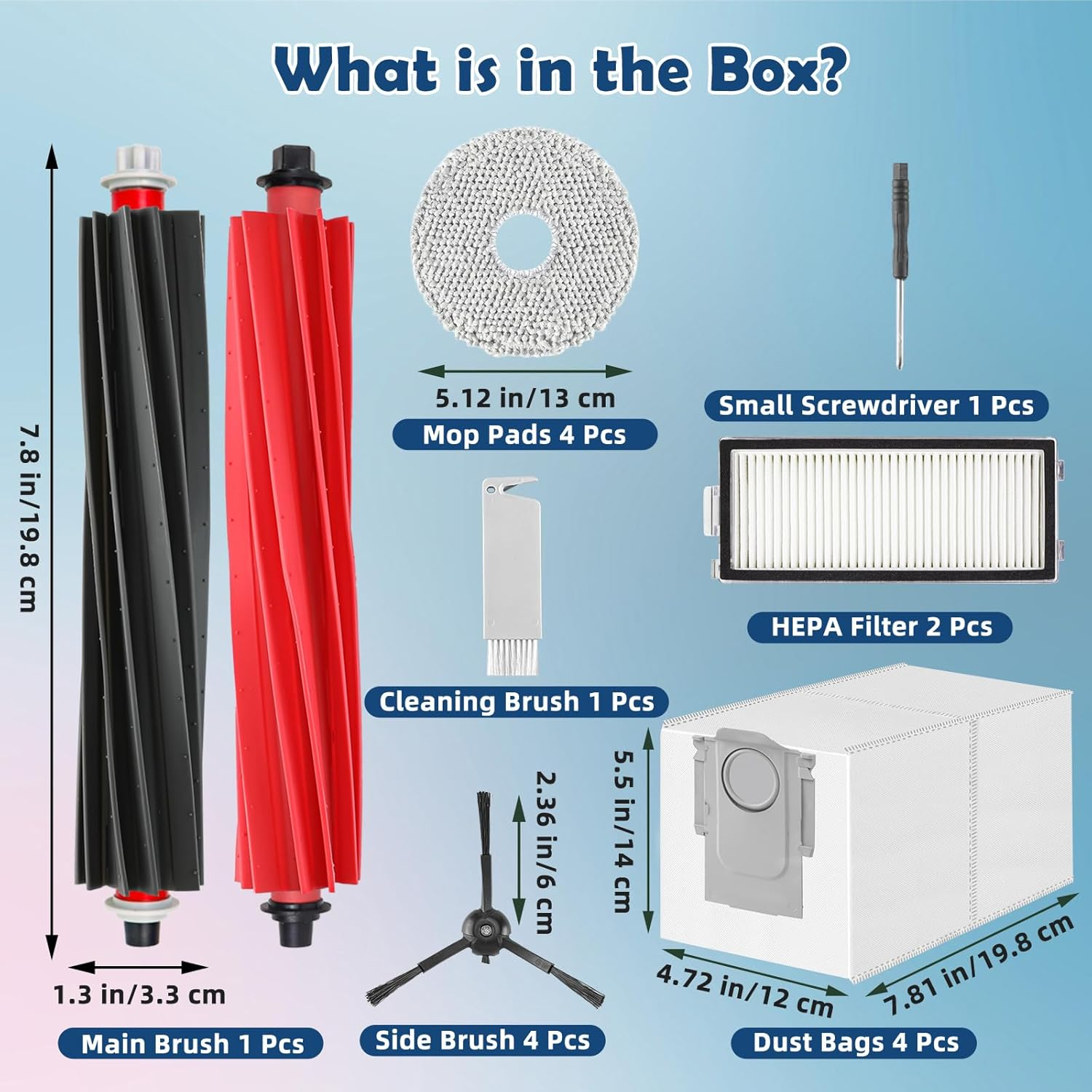 Różne części odkurzacza są rozłożone, w tym szczotki, worki na kurz i filtr.