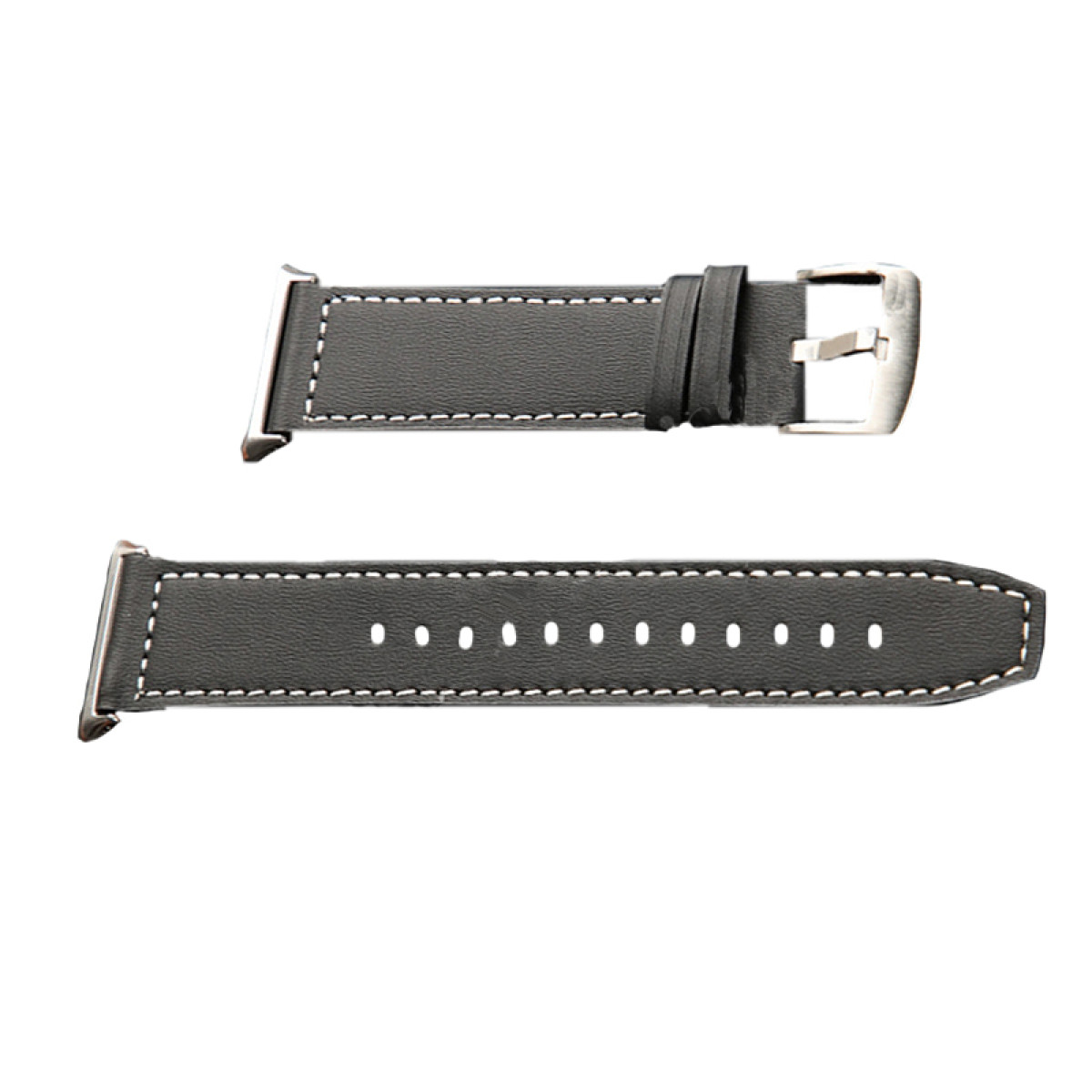 Dwa paski do zegarków, czarna skóra z białymi przeszyciami i srebrna klamra.