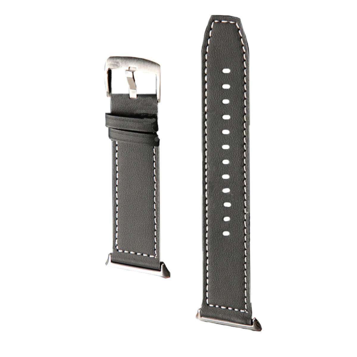 Czarny pasek do zegarka z białymi przeszyciami i srebrną klamrą.