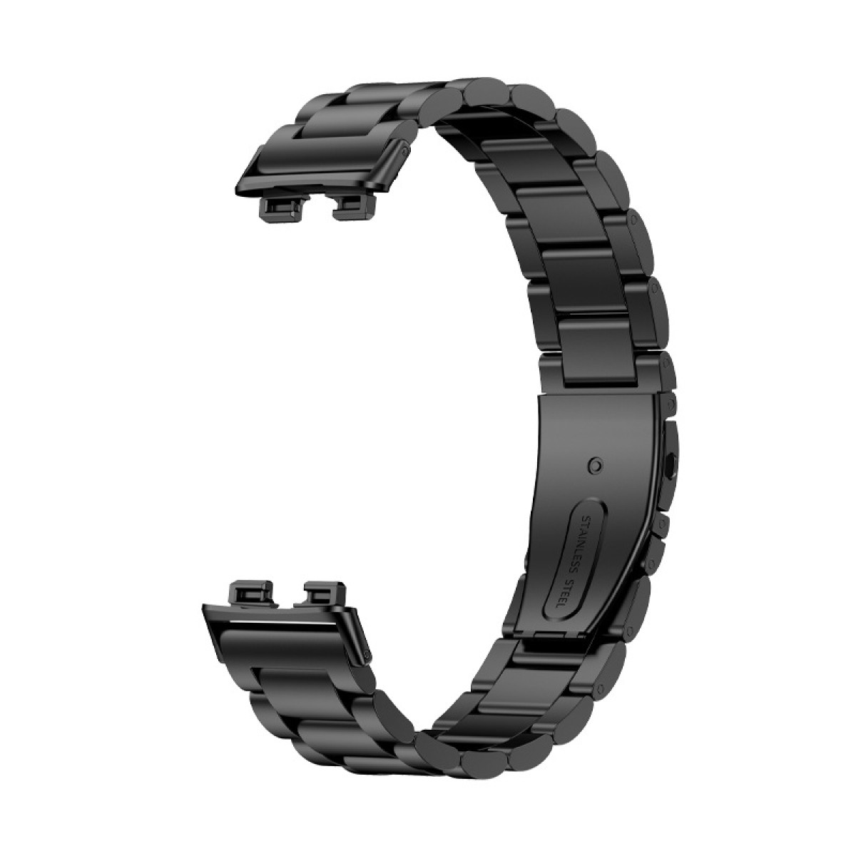 Un bracelet de montre noir en acier inoxydable, posé sur un fond blanc.