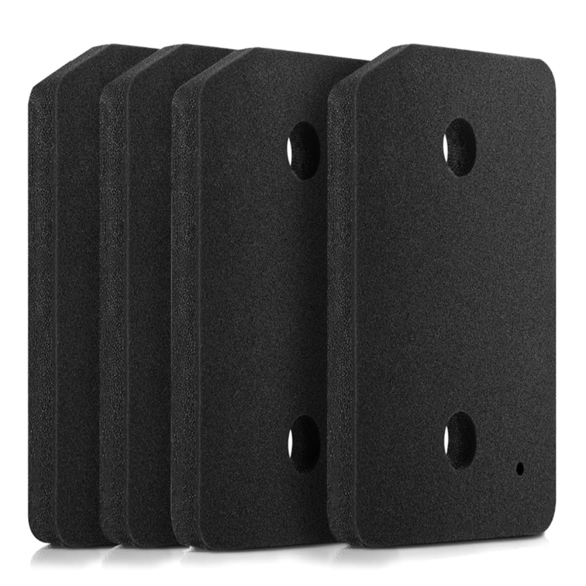 Cztery czarne wkładki piankowe z otworami, ustawione pionowo na białym tle.