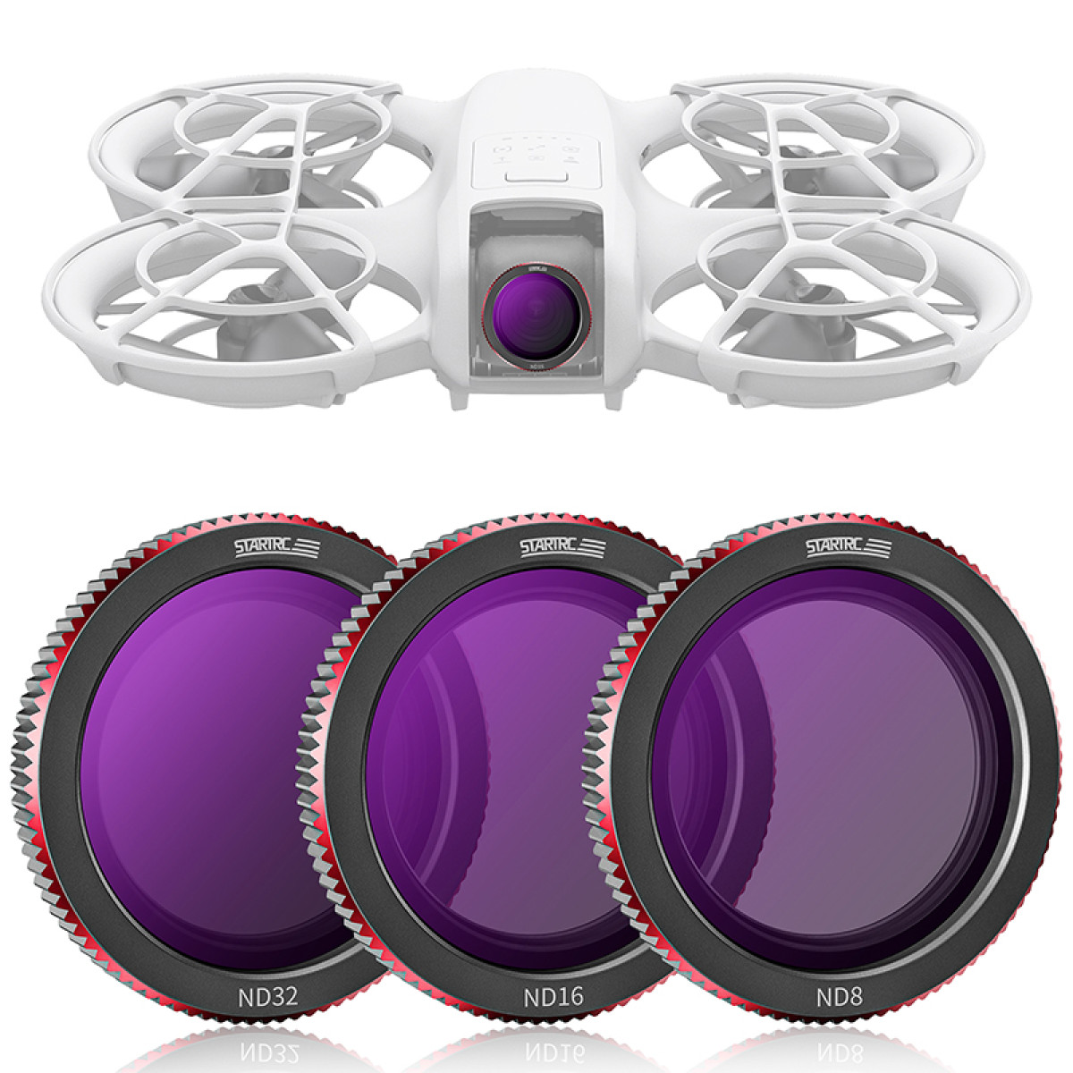 Drone bianco con fotocamera e tre filtri circolari, di colore viola.