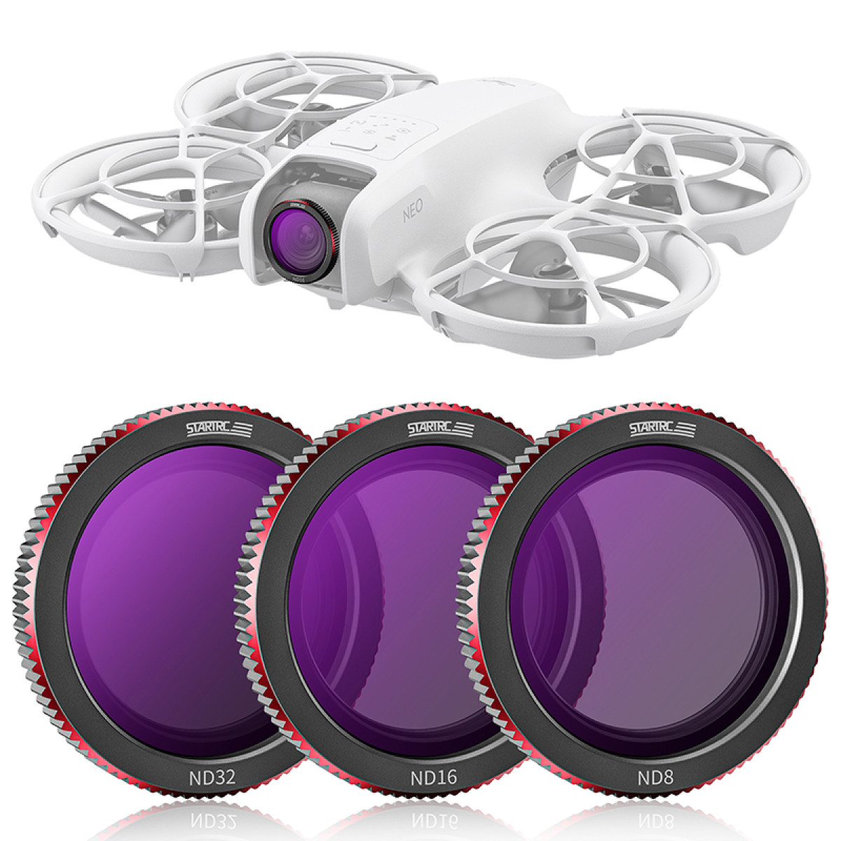 Drone bianco con fotocamera e tre filtri per lenti viola.