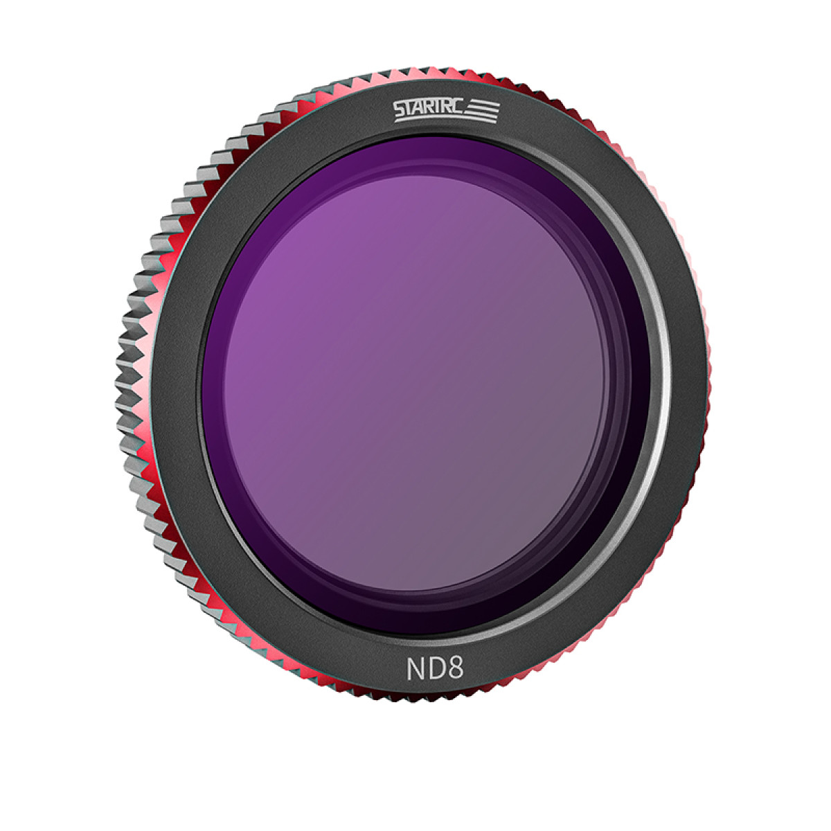 Un filtro per lenti per fotocamera circolare con un centro viola e un bordo strutturato rosso e nero.