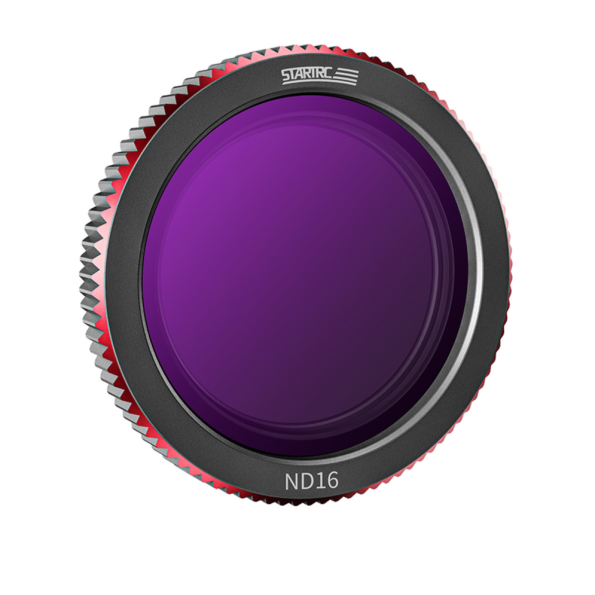 Filtro fotocamera nero e argento con lente viola. Il testo dice 'ND16'. Sfondo bianco.