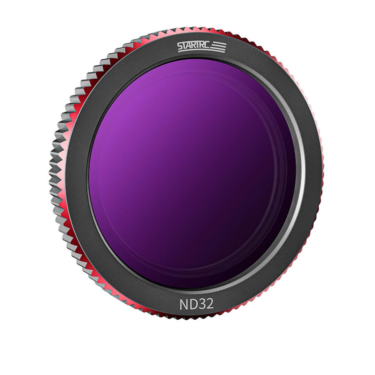 Un filtro per obiettivo rotondo con un centro viola e un bordo esterno nero e rosso.