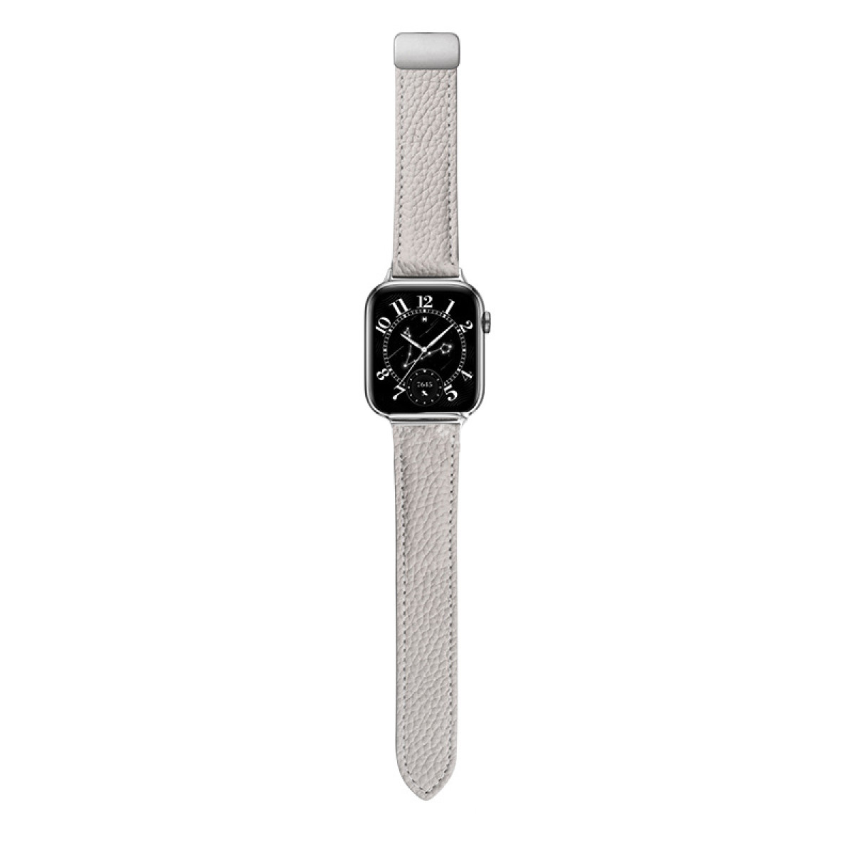 Eine Smartwatch mit hellgrauem Lederarmband und silbernem Gehäuse. Weißer Hintergrund.