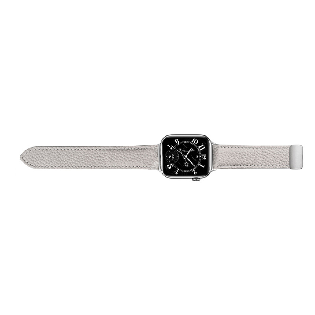 Eine silberne Apple Watch mit weißem Lederarmband, flach auf weißem Hintergrund liegend.