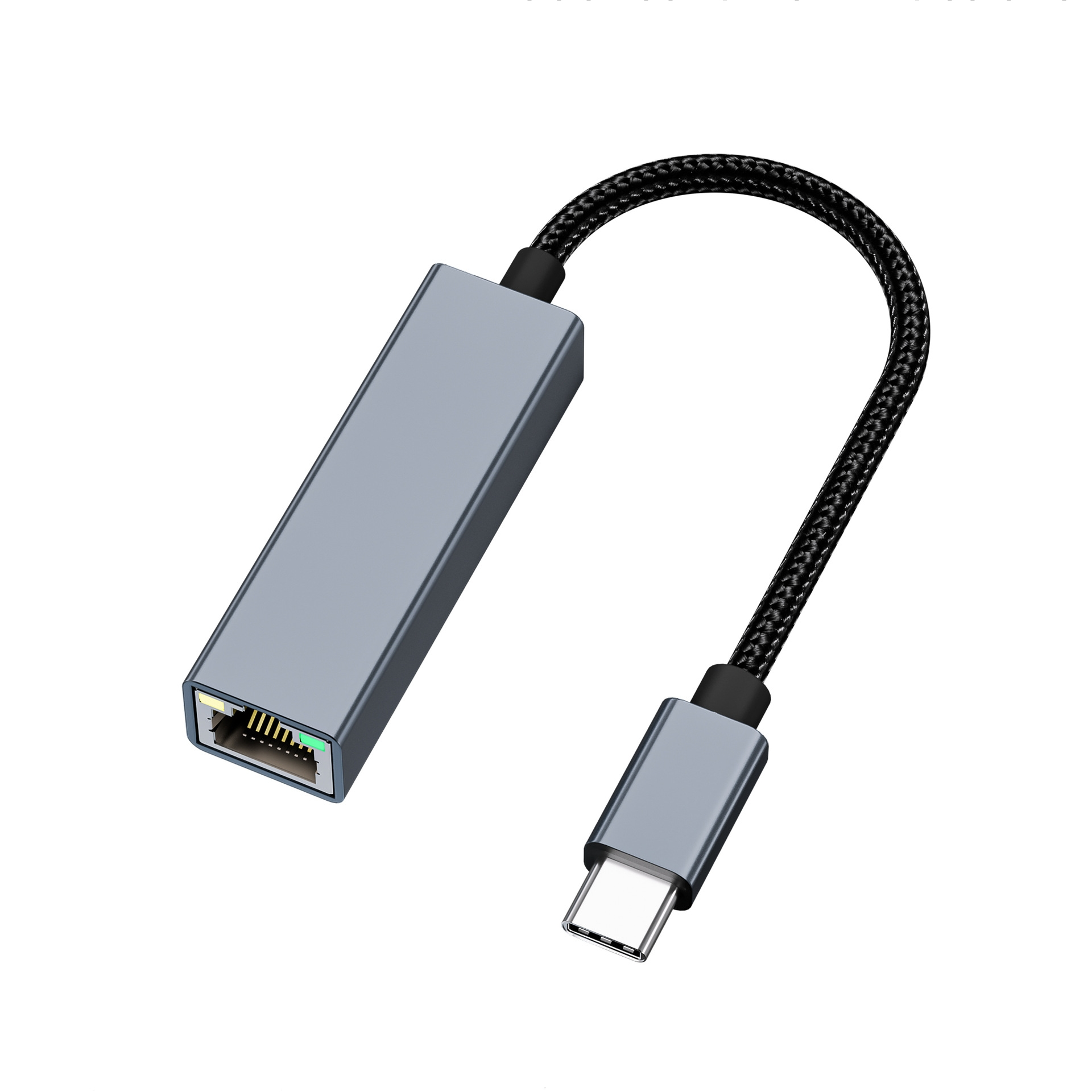 Zilveren USB-C naar Ethernet adapter met zwarte gevlochten kabel op witte achtergrond.