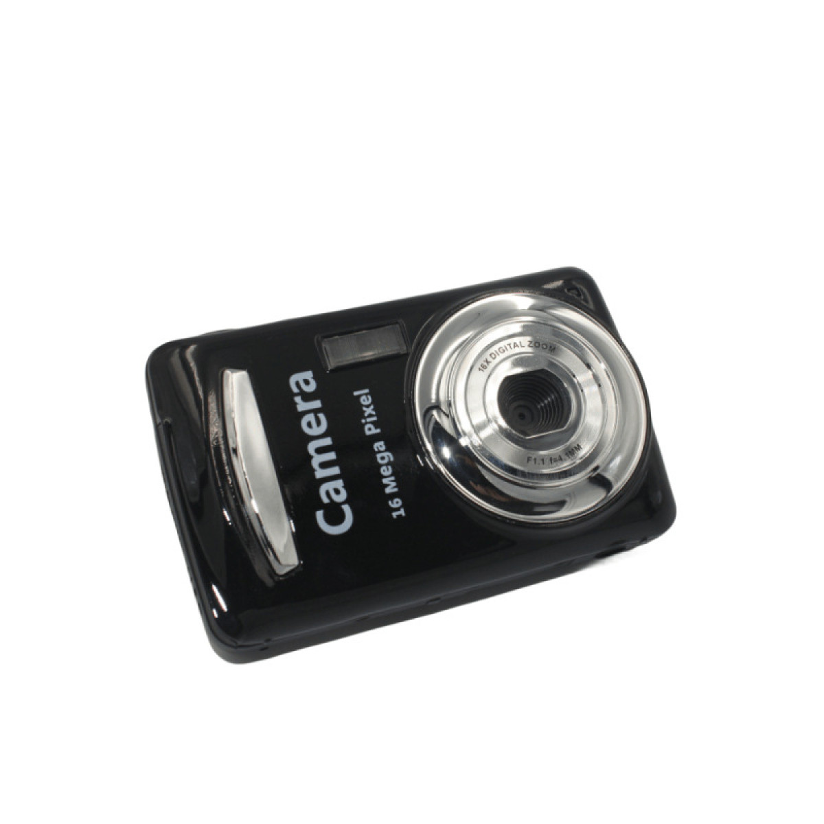 Czarny aparat z 16 megapikselami i obiektywem. Jest odizolowany na białym tle.
