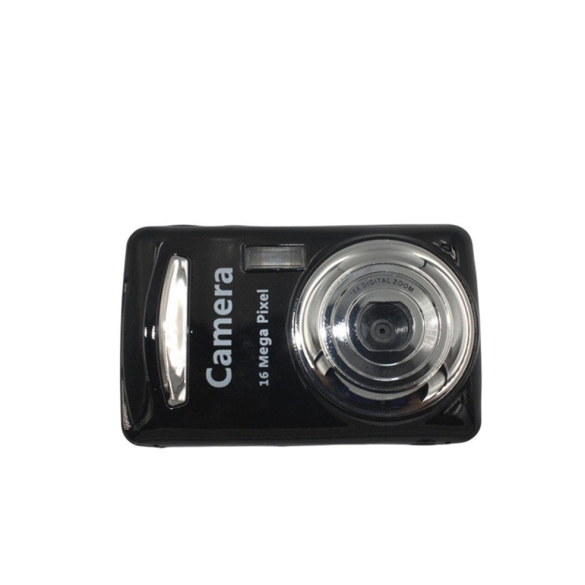 Czarny aparat, biały tekst. Widoczny błysk i obiektyw. Czyste białe tło.