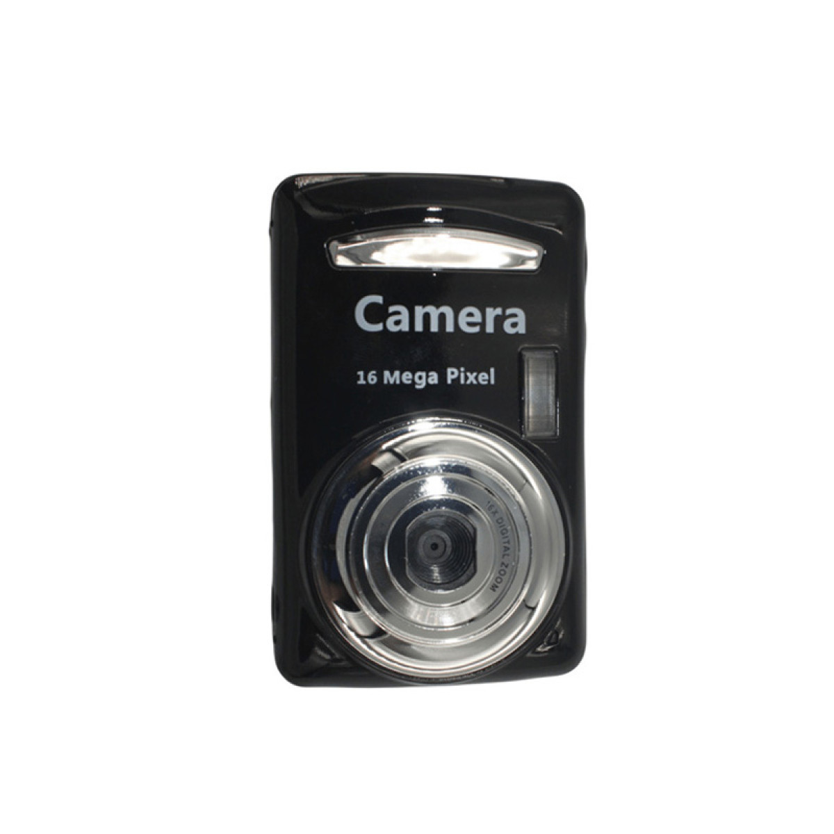 Czarny aparat z lampą błyskową i obiektywem. Widnieje napis 'Camera' i '16 Mega Pixel'.