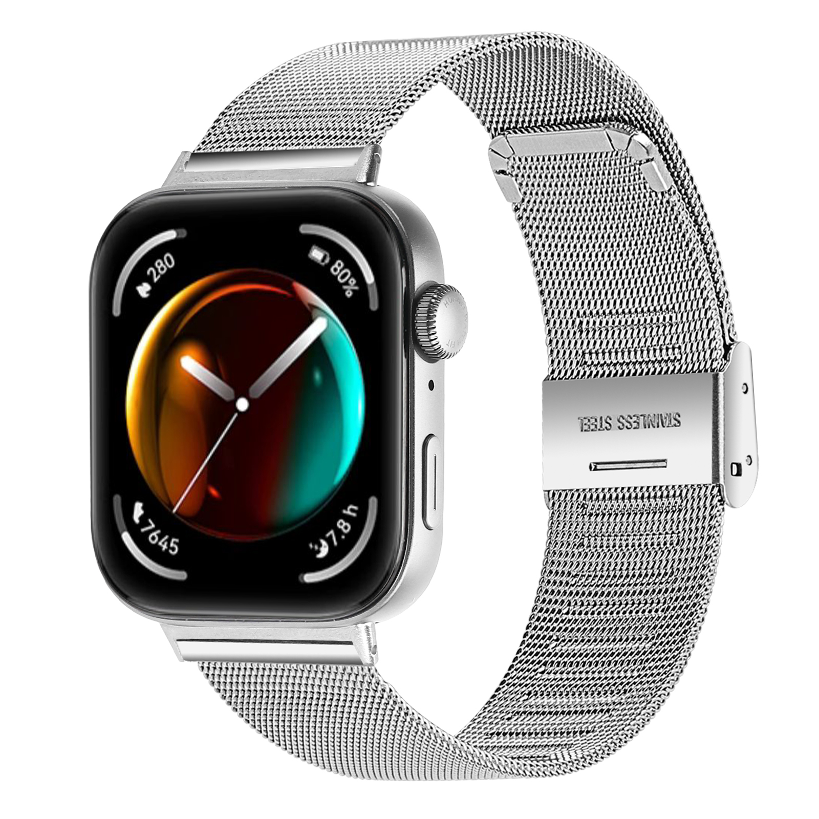 Wyświetlany jest smartwatch ze srebrną obudową i srebrną metalową bransoletą.