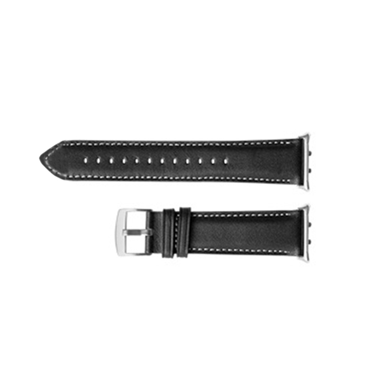 Czarne skórzane paski do zegarków z białymi przeszyciami i srebrnymi mocowaniami.