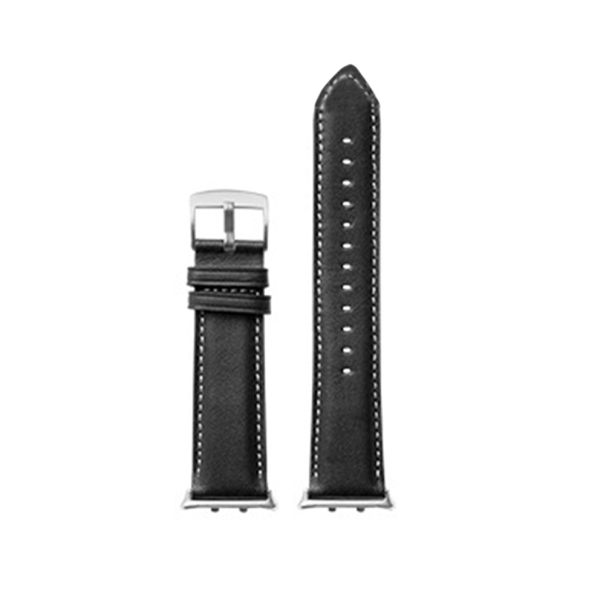 Czarny skórzany pasek do zegarka z białymi przeszyciami i srebrną klamrą. Jest nowy.