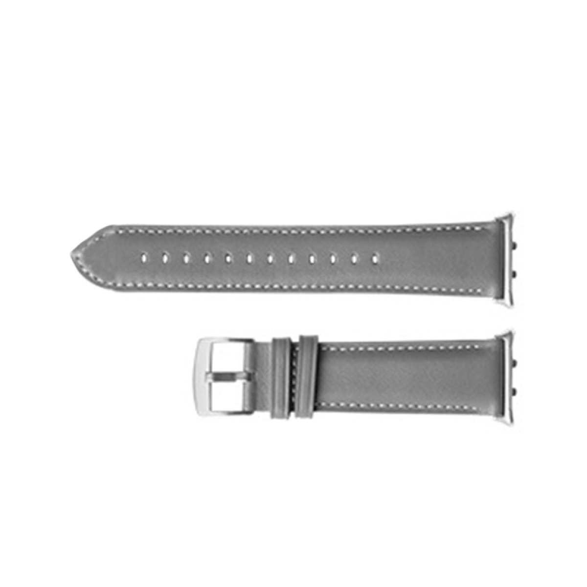 Zwei graue Uhrenarmbänder mit silbernen Schnallen, isoliert auf weißem Hintergrund.