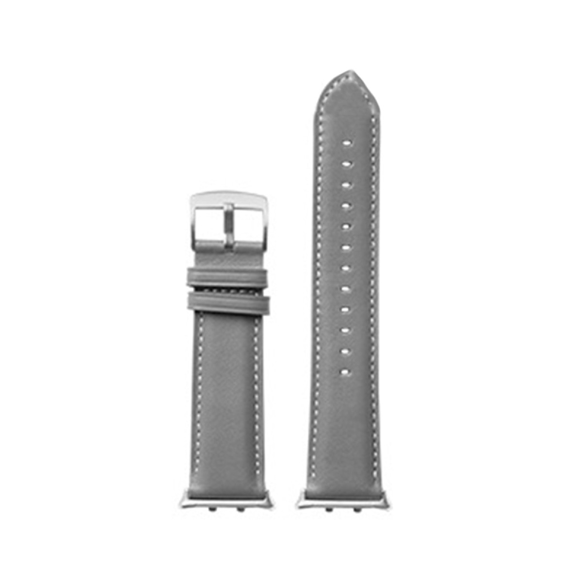 Ein graues Leder-Uhrenarmband mit Schnalle, abgenommen, auf weißem Hintergrund.