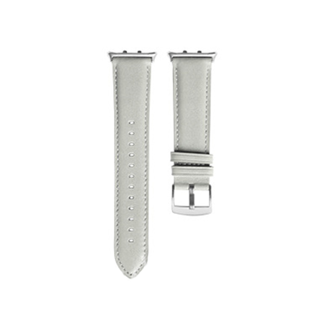 Due cinturini per orologi grigio chiaro con fibbia, su sfondo bianco.