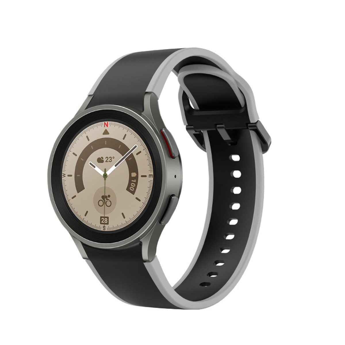Uno smartwatch con cinturino nero e grigio, che mostra un quadrante con sfondo bianco e lancette nere.