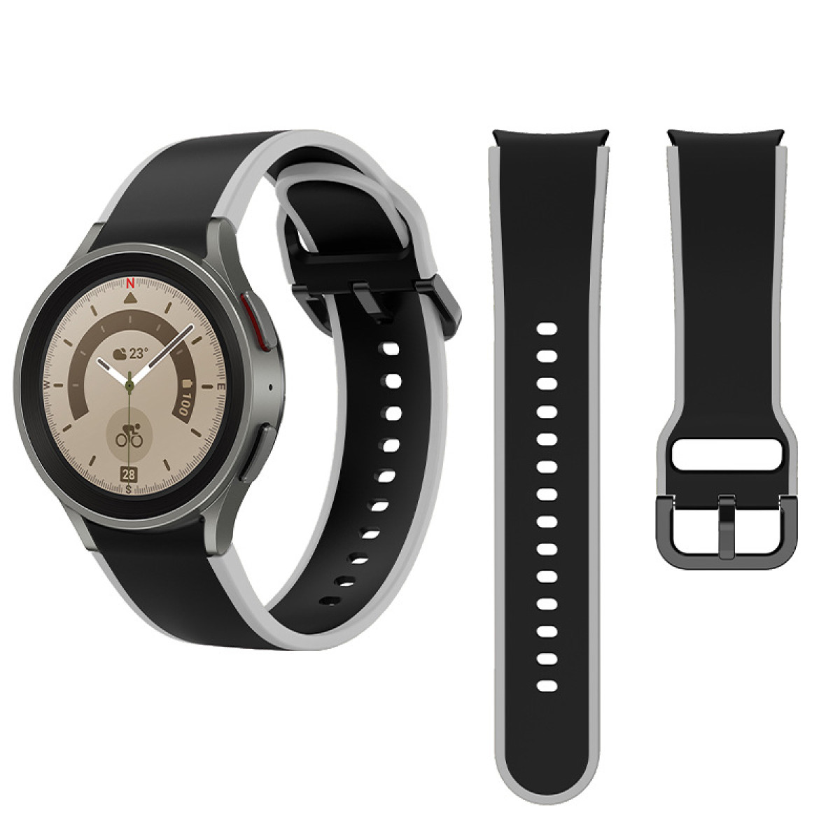 Smartwatch con cinturino nero e grigio, con un secondo cinturino e fibbia. Il quadrante mostra l'ora e altre informazioni.