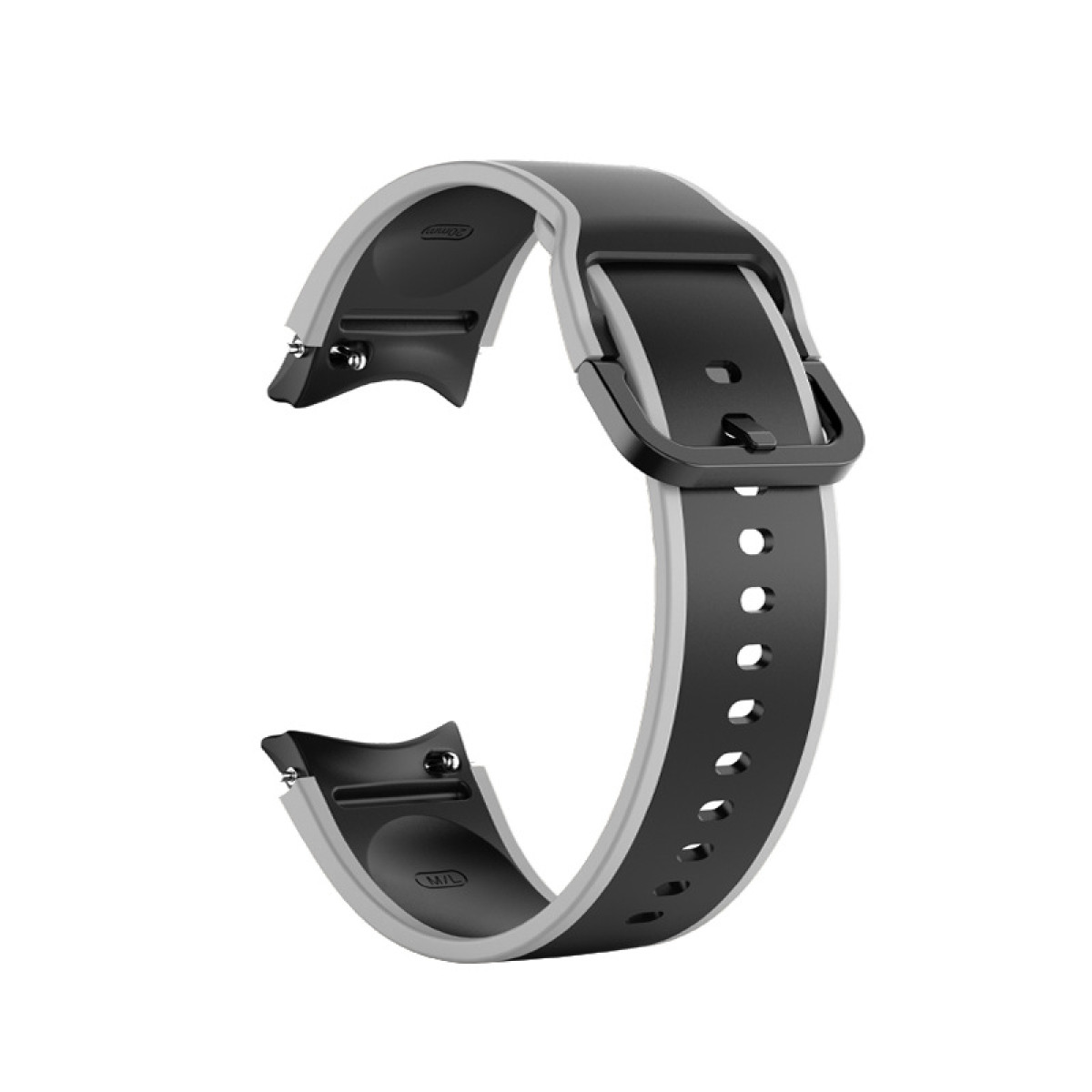 Cinturino per orologio nero e grigio, con fibbia e sfondo bianco.