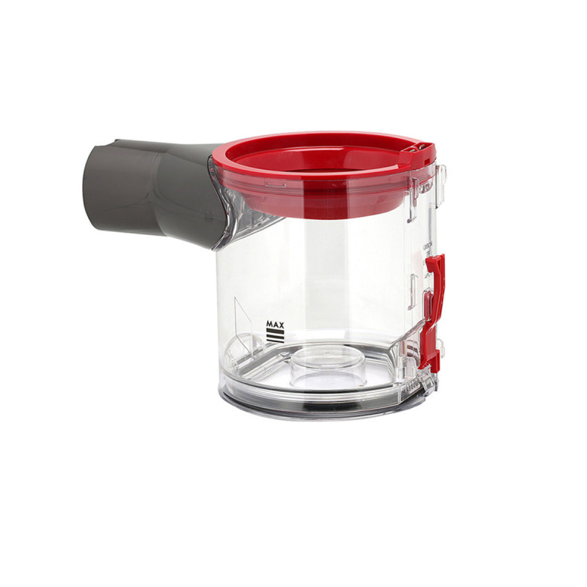 Transparenter Staubsauger-Staubbehälter mit roten Akzenten und grauem Griff.